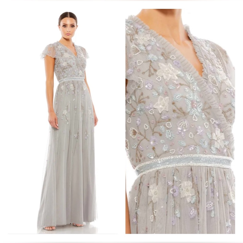 Mac Duggal-Elegant Gray Floral Embroidered Dress- Size 12